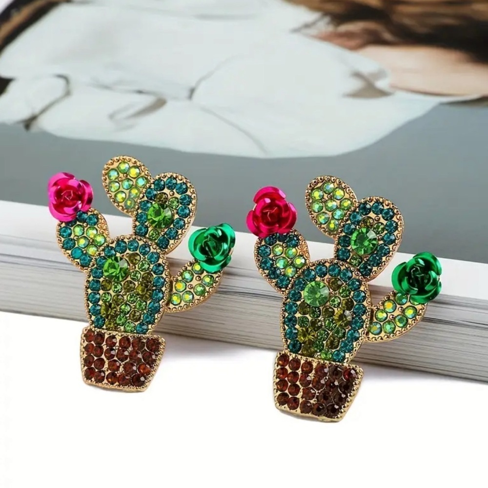 Desert Disco Rhinestone Cactus Statement Earrings — Western Kitsch – NWT